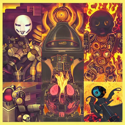 Prompt: Automaton, fire spirit, K-VRC, Love Death and robots, Pathfinder, Robot, Overload, art by Graey Erb, full shot, pop art