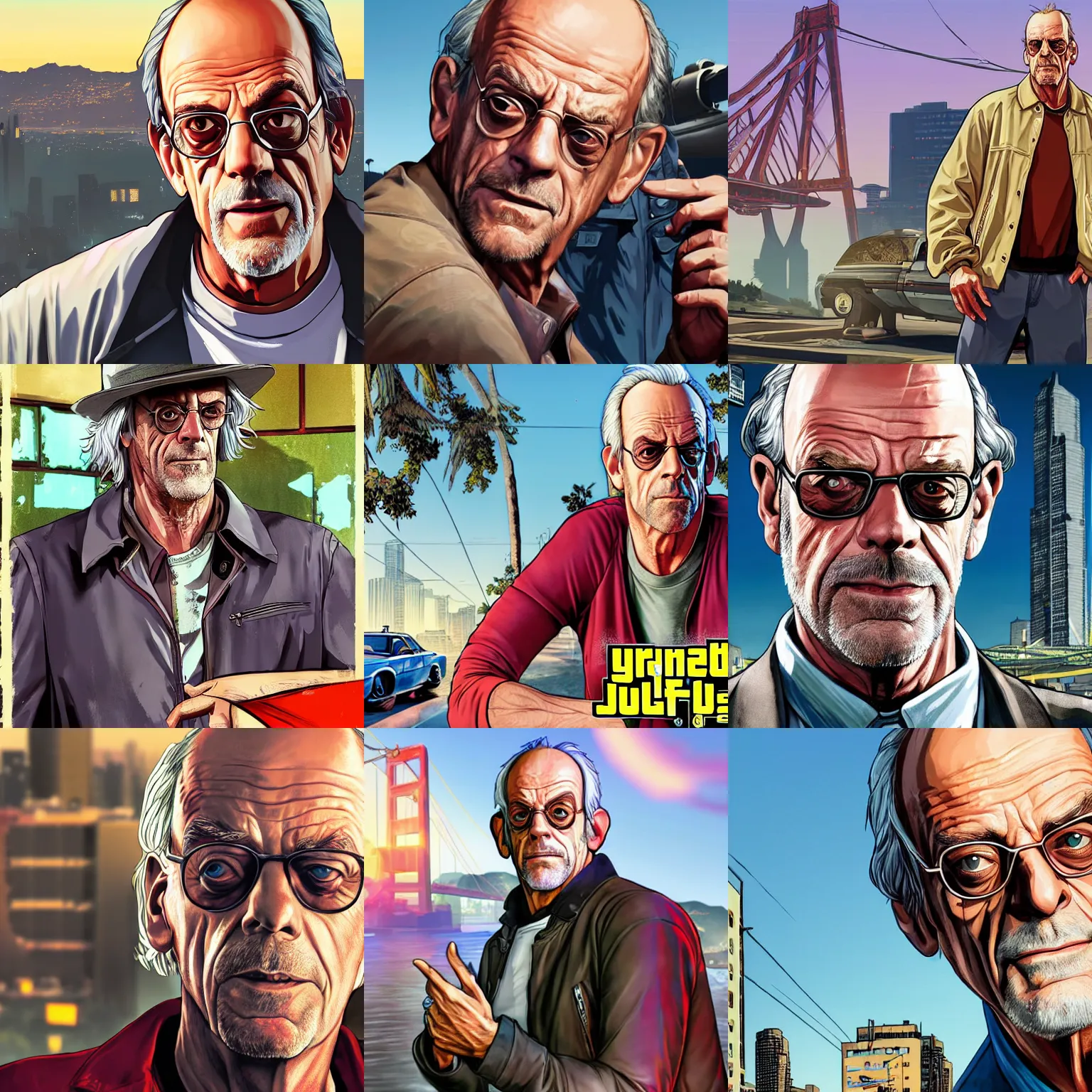 Prompt: christopher lloyd in gta v promotional art by stephen bliss, no text