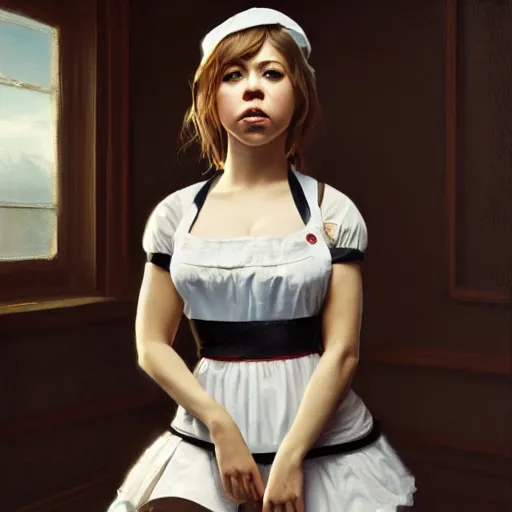 Image similar to detailed painting of jennette mccurdy wearing a maid outfit, 8 k, by greg rutkowski, artgerm, global illumination