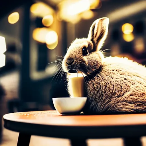 Prompt: hyperrealistic detailed medium shot low angle image, deep depth of field of fluffy brown rabbit sitting behind the table smoking cigarette with face full of tiredness, in front of it cup of coffee with milk in hipsters coffee shop. volumetric lights. 8 k, 3 d render by roger magrini, very cohesive, masterpiece