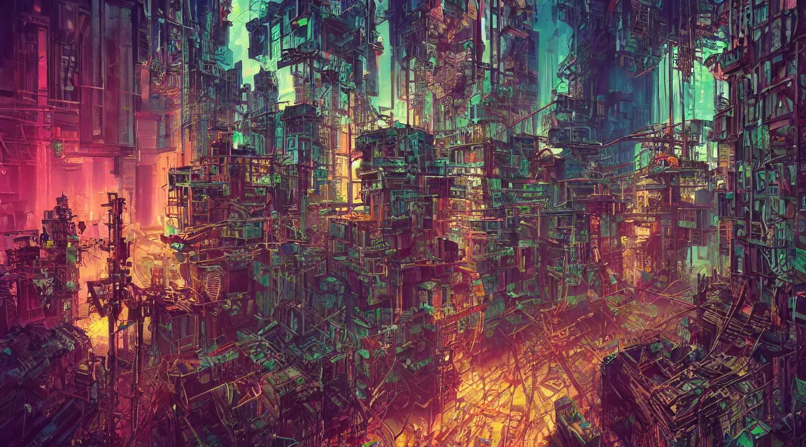 Image similar to post apocalyptic cyberpunk city block buildings, synthwave neon retro, by Vladimir Manyukhin, by Simon Stålenhag, by Zdzisław Beksiński, by Guido Borelli, by Nathan Walsh, by Peter Gric, Wild vegetation, mold, deviantart, trending on artstation, Photorealistic, Incredible Depth, vivid colors, polychromatic, glowing neon, geometric, concept art digital illustration panorama, polished, beautiful, HDR Unreal Engine 64 megapixels IMAX Terragen 4.0, 8k resolution concept art filmic complex utopian mysterious moody futuristic