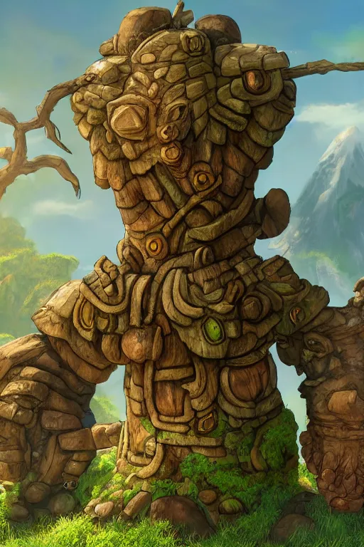 Image similar to zelda fantasy art giant golem troll wood rock greeble gemstone, global illumination ray tracing hdr fanart arstation by sung choi and eric pfeiffer and gabriel garza and casper konefal