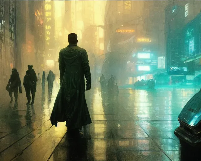 Image similar to 2 0 1 8 blade runner movie still man look at the cityscape from roof perfect face fine realistic face pretty face neon puffy jacket blue futuristic sci - fi elegant by denis villeneuve tom anders zorn hans dragan bibin thoma greg rutkowski ismail inceoglu illustrated sand storm alphonse mucha