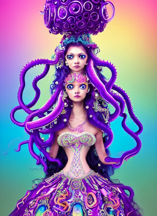 Image similar to A full body shot of a cute and mischievous monster princess with hair made of tentacles wearing an ornate ball gown covered in jewels. Dynamic Pose. Quinceanera dress. Rainbow palette. rainbowcore. Eldritch Beauty. defined facial features, symmetrical facial features. Opalescent surface. beautiful lighting. By Giger and Ruan Jia and Artgerm and WLOP and William-Adolphe Bouguereau. Photo real. Hyper-real. Photorealism. Fantasy Illustration. Sailor Moon hair. Masterpiece. trending on artstation, featured on pixiv, award winning, cinematic composition, dramatic pose, sharp, details, Hyper-detailed, HD, HDR, 4K, 8K.