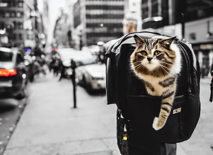 Image similar to photography of a Cat being carried in an half open backpack . in a new york street. award winning photo, led lighting, night, 130mm, sharp, high res