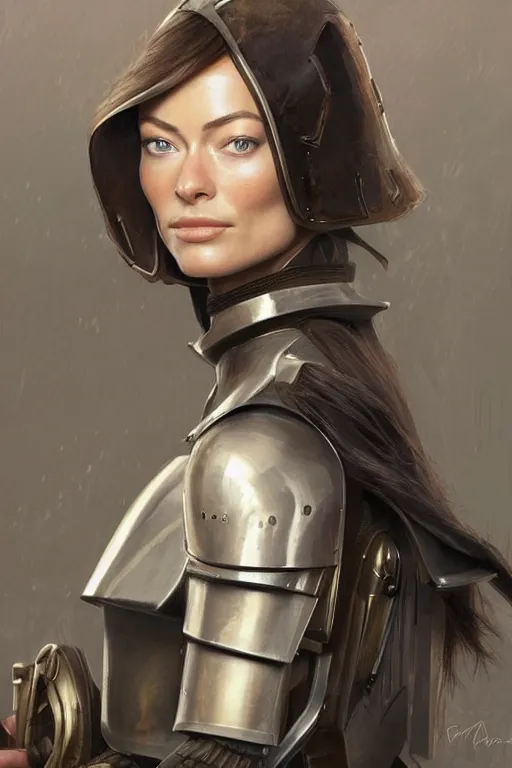 Image similar to a professional painting of a young Olivia Wilde, clothed in military armor, olive skin, long dark hair, beautiful bone structure, symmetrical facial features, intricate, elegant, digital painting, concept art, smooth, sharp focus, illustration, from Star Wars by Ruan Jia and Mandy Jurgens and Artgerm and William-Adolphe Bouguerea