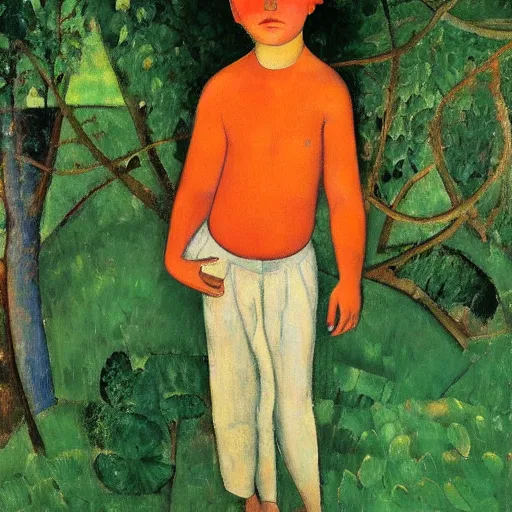 Prompt: A young boy wearing an Oculus VR headset on his face, standing in the middle of a lush garden, beautiful masterpiece oil on canvas by Amedeo Modigliani, long shot