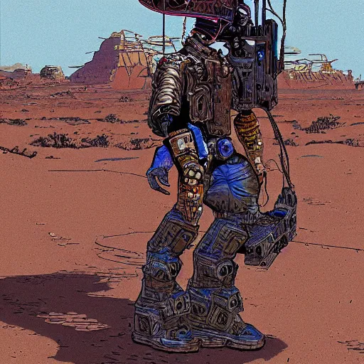 Image similar to cyborg cowboy in a desert space wild west town, highly detailed, by moebius