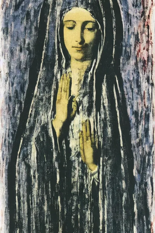 Image similar to virgin mary of lourdes painted by cy twombly and andy warhol