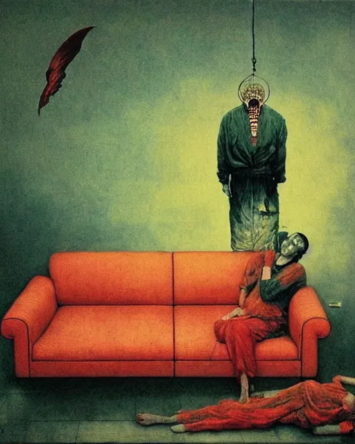 Prompt: early color photo of an old dead couple sitting on a couch in an old soviet apartment and looking at the scared enlightened boy flying up in sky, Beksinski impasto painting, part by Adrian Ghenie and Gerhard Richter. art by Takato Yamamoto, masterpiece