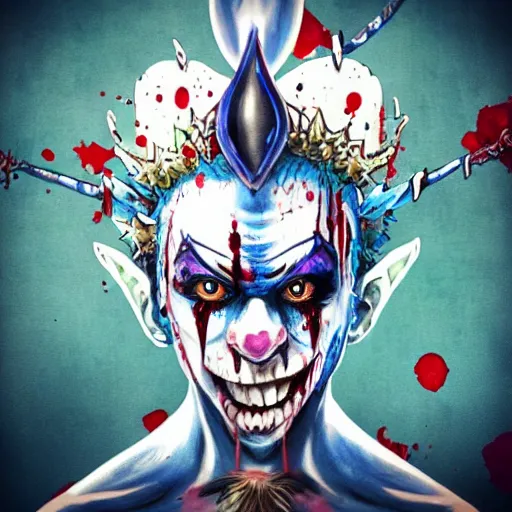 Image similar to 4K headshot of godlike clown with blue skin with defined arms and open hands and bloody clothes with giant mandala wings , white intricate scary clown makeup , flawless anime cel animation by Kentaro Miura, psychedelic , highly detailed upper body , professionally post-processed , beautiful, scary, symmetry accurate features, epic, octane rendered, anime masterpiece, accurate