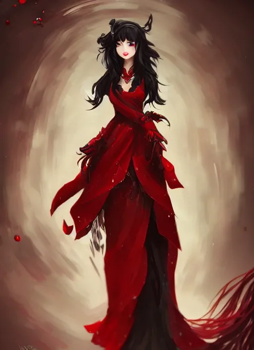 Image similar to a highly detailed illustration of hime cut black long haired woman wearing red dress, elegant smiling pose, perfect face, perfect body, intricate, elegant, highly detailed, centered, digital painting, artstation, concept art, smooth, sharp focus, league of legends concept art, wlop