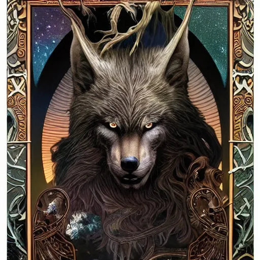 Prompt: portrait of werewolf made with porcelain by Jeff Easley and Peter Elson + beautiful eyes, beautiful face + symmetry face + border and embellishments inspiried by alphonse mucha, fractals in the background, galaxy + baroque, gothic, surreal + highly detailed, intricate complexity, epic composition, magical atmosphere + masterpiece, award winning + trending on artstation