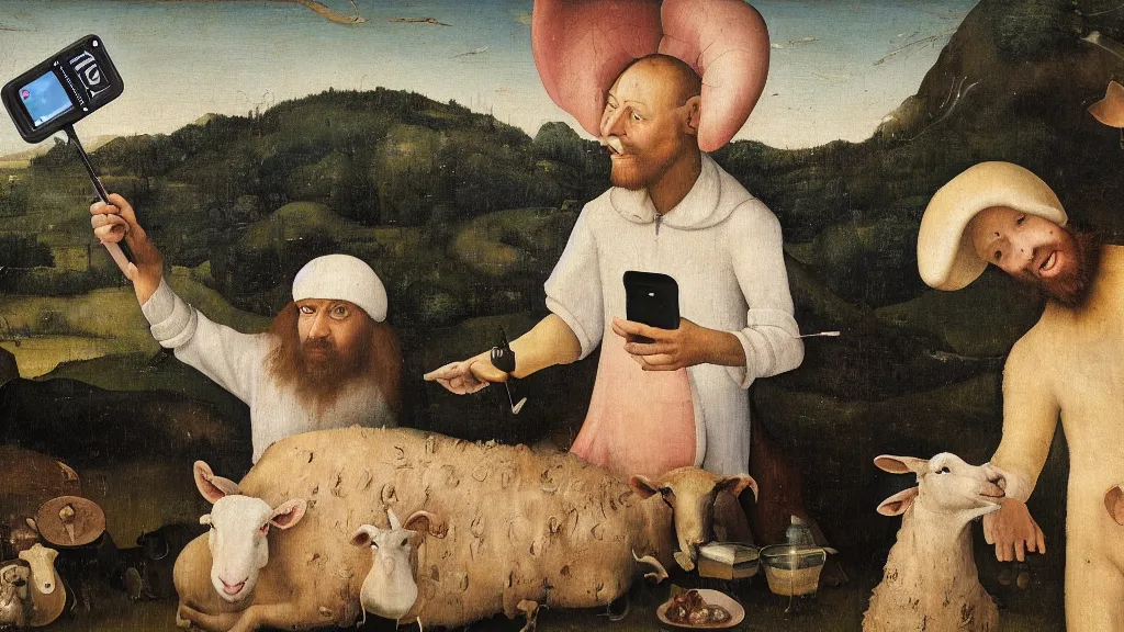 Image similar to A butcher and sheep taking a selfie smiling, in the fashion of Hieronymus Bosch, oil on canvas, painting, 4k, wide shot