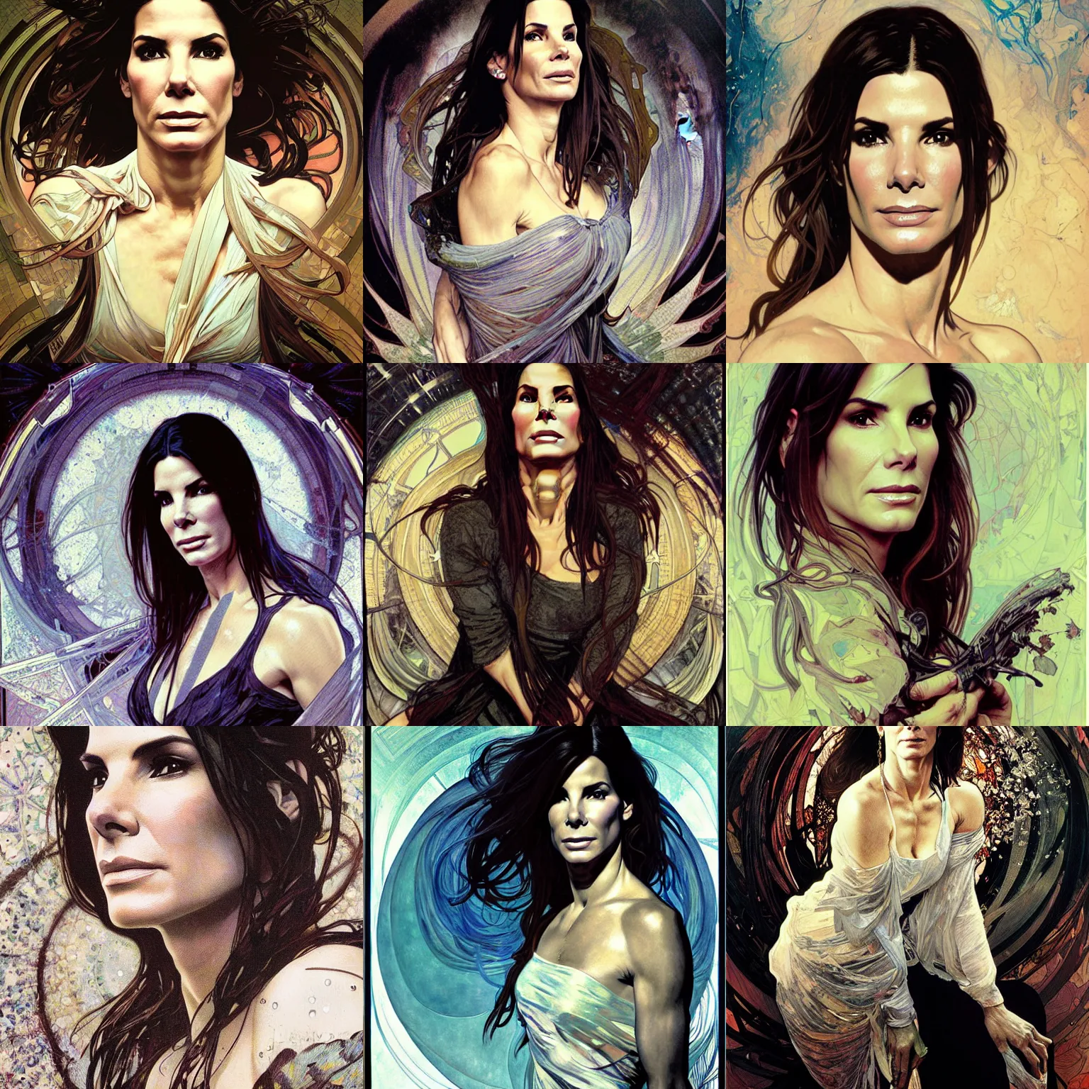 Prompt: portrait of sandra bullock, ethereal, by lee bermejo, alphonse mucha, jackson pollock, and greg rutkowski