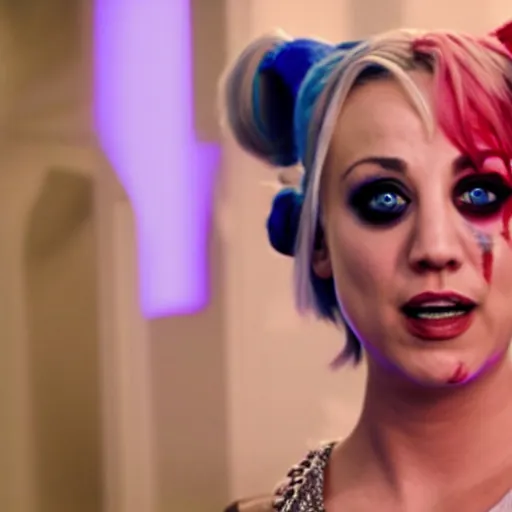 Image similar to A still of Kaley Cuoco as Harley Quinn