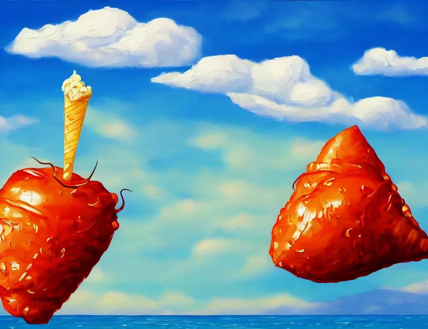 Image similar to a realistic painting of a lazy tomato on a sunny beach eating ice cream white clouds in a cone