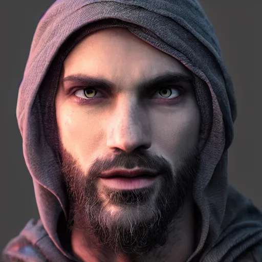 Image similar to a highly detailed portrait of a man with purple eyes, light gray long hair, beardless, wearing a black cloak, artstation, DeviantArt, professional, octane render