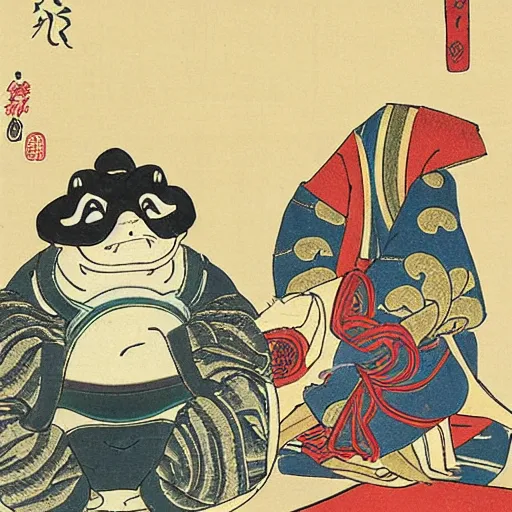 Image similar to Ukiyo-e of a samurai frog out walking his pet cat