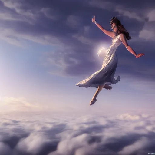 Prompt: a highly detailed digital rendering of an elegant futurstic woman floating above the clouds, by Andrea Chiampo, artstation, extremely detailed woman, stunning volumetric lighting, hyper realism, fantasy 4k,