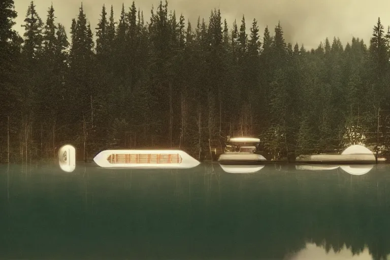 Image similar to an brutalist spaceship forming from a lake surrounded by trees, serene vast landscape, neon lights, rainy day, beautiful lighting, high depth, ultra realistic, artistic, by annie leibovitz