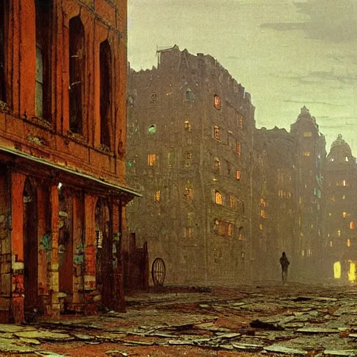 Image similar to the dead city, ruined buildings like broken teeth, artwork by ohn Atkinson Grimshaw