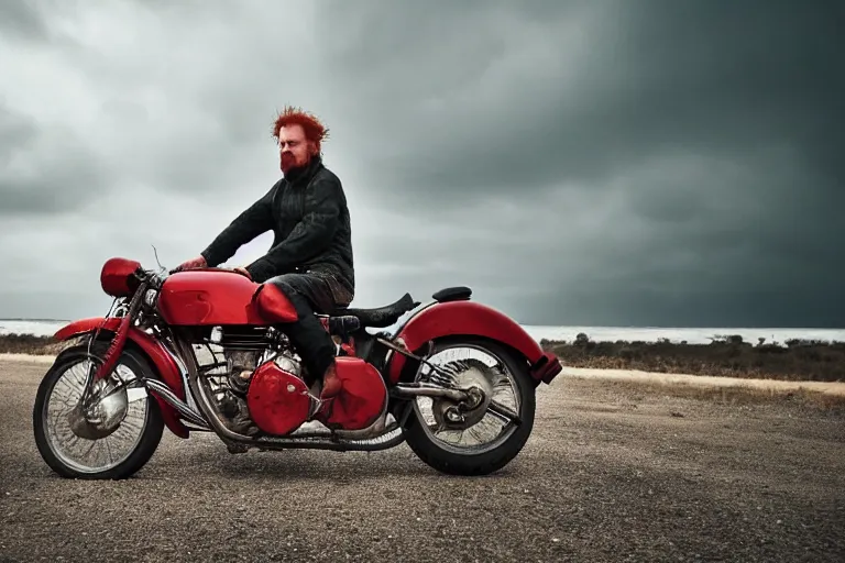 Prompt: portrait of redhead man on a motorcycle By Emmanuel Lubezki