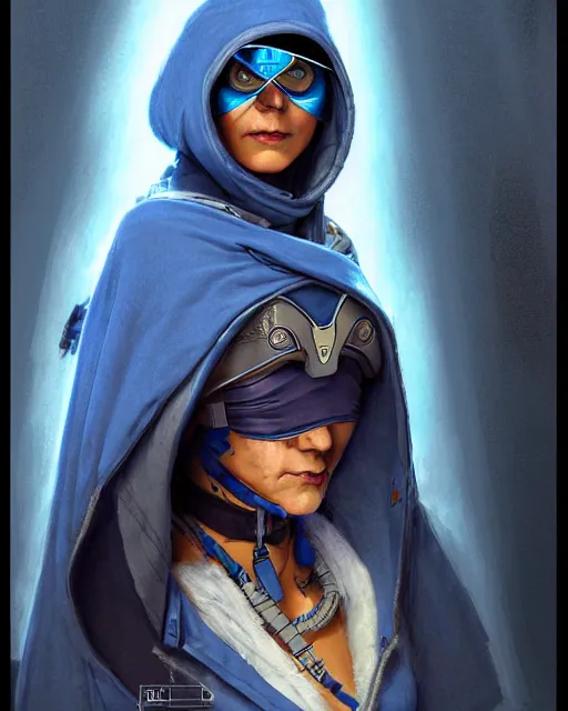 Image similar to ana from overwatch, eye patch, white hair, hooded blue cloak, older egyptian woman, character portrait, portrait, close up, concept art, intricate details, highly detailed, vintage sci - fi poster, in the style of chris foss, rodger dean, moebius, michael whelan, and gustave dore