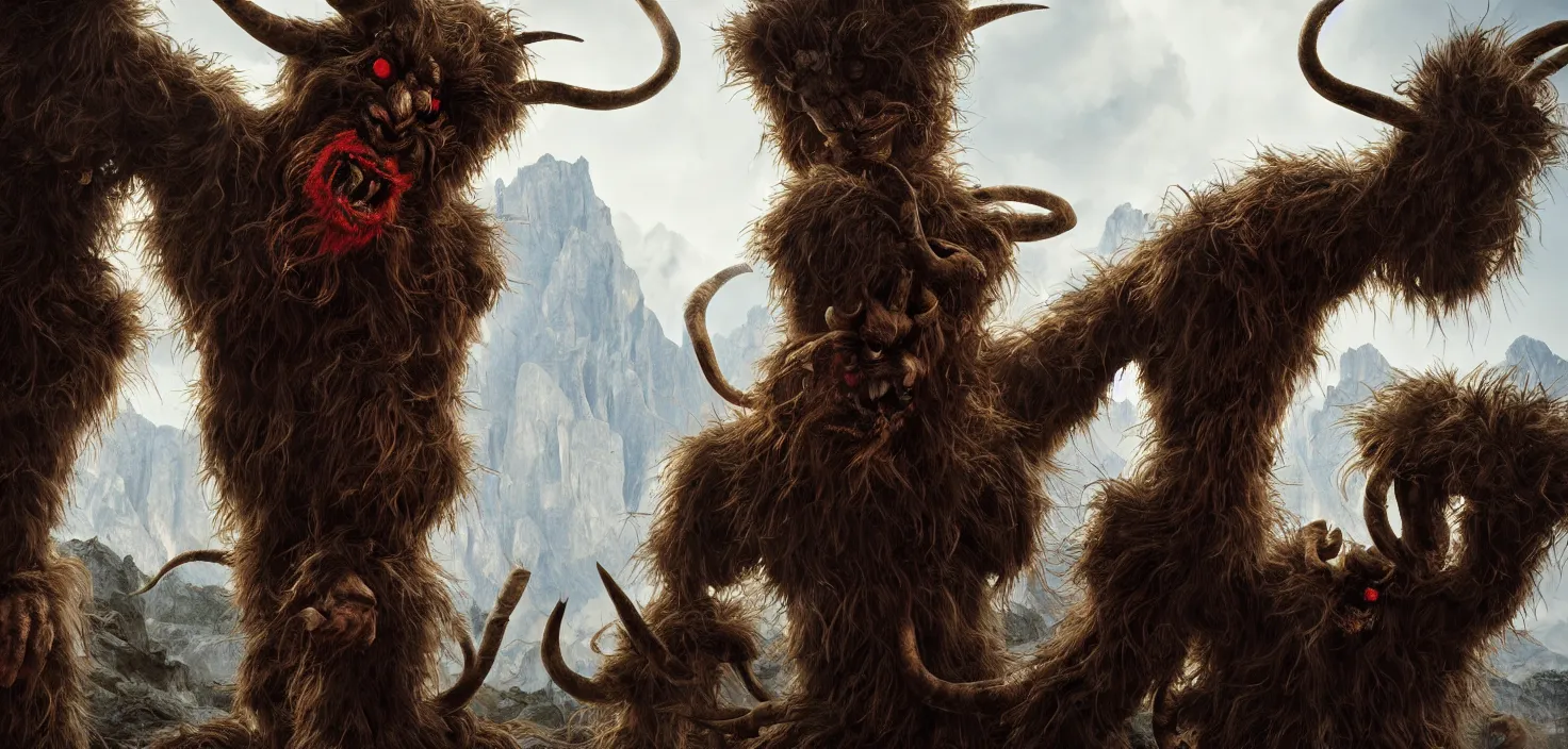 Prompt: hyperrealist highly detailed neo-baroque photography of krampus hay monsters standing in dolomites concept art pascal blanche dramatic studio lighting 8k wide angle shallow depth of field