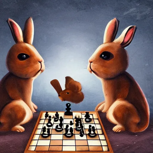 Image similar to concept art of two rabbits playing chess on a rowboat