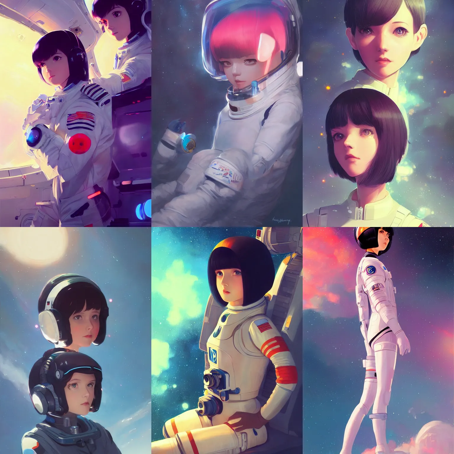Prompt: a cute young female astronaut with black bob cut hair, sci-fi setting, vivid colors, soft lighting, atmospheric, cinematic, moody, in the style of Ilya Kuvshinov and Range Murata, Krenz Cushart, oil on canvas, 8k