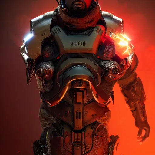 Image similar to kanye west in doom eternal, splash art, movie still, cinematic lighting, dramatic, octane render, long lens, shallow depth of field, bokeh, anamorphic lens flare, 8 k, hyper detailed, 3 5 mm film grain