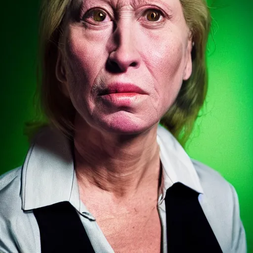 Prompt: corporate portrait, senior sales ceo executive vp, purple green color scheme, professional studio lighting, hyperreal detailed lifelike facial features, corporate portraiture shot by cindy sherman and david lynch