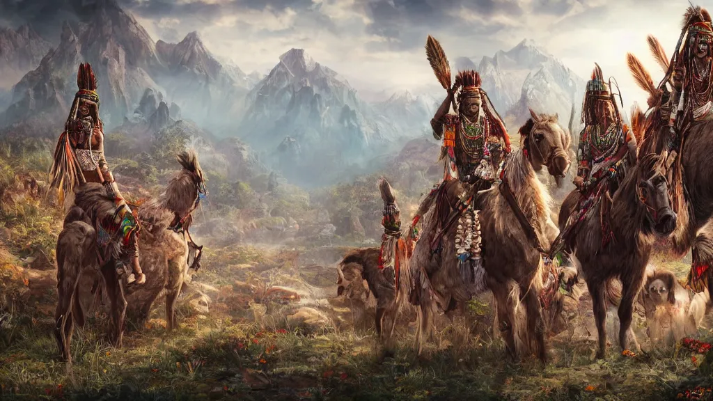 Image similar to indian tribe, fantasy artwork, very very very beautiful scenery, hd, hdr, ue5, ue6, unreal engine 5, cinematic 4k wallpaper, 8k, ultra detailed, high resolution, artstation, award winning