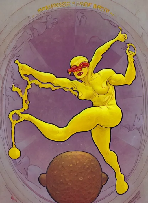 Image similar to renaissance grotesque full body portrait painting of angry crossfit lemon in a lemon themed spaceship going to a lemon portal, superior, character redesign by lee bermejo and greg rutkowski and alphonse mucha