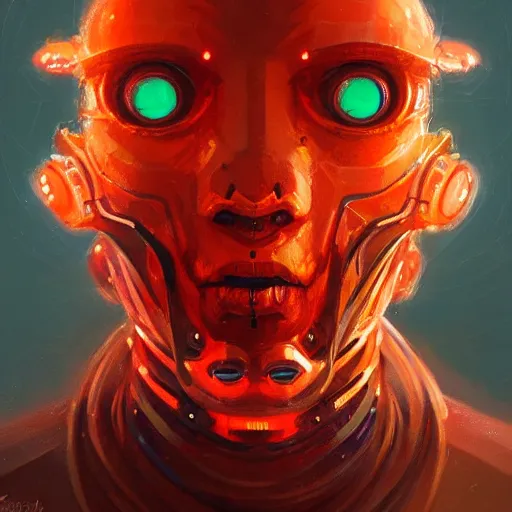Prompt: Portrait of a Cybrog by Greg Rutkowski, symmetrical face, Glowing orange eyes, Kubric Stare, crooked smile, highly detailed portrait, scifi, digital painting, artstation, book cover, cyberpunk, concept art, smooth, sharp foccus ilustration, Artstation HQ