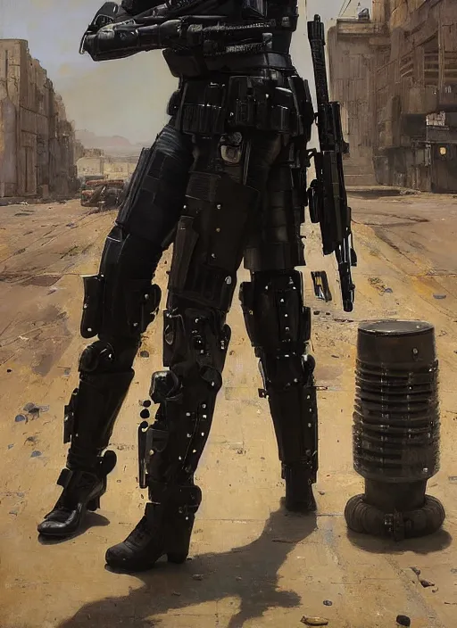 Image similar to Sgt Sara Grim. Menacing Cyberpunk police trooper wearing a combat vest and towering with robotic legs. (dystopian, police state, Cyberpunk 2077, bladerunner 2049). Iranian orientalist portrait by john william waterhouse and Edwin Longsden Long and Theodore Ralli and Nasreddine Dinet, oil on canvas. Cinematic, vivid colors, hyper realism, realistic proportions, dramatic lighting, high detail 4k