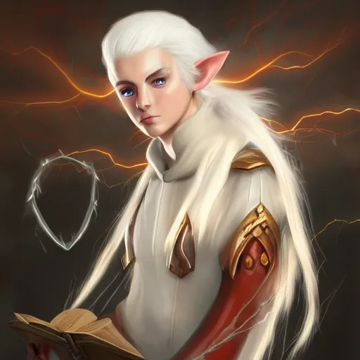 Image similar to Beautiful white haired aged fair skinned scholar elf with spell scroll and lightning background, realism, digital painting, detailed artwork, portrait, mythical, artstation