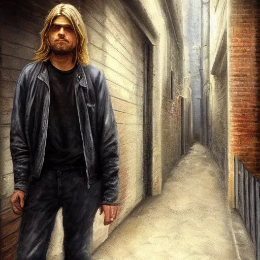 Prompt: a perfect, realistic professional oil painting in classicism style, of Kurt Cobain posing in a dystopian alleyway, close-up, by a really great American senior artist on ArtStation, a high-quality Hollywood-style concept