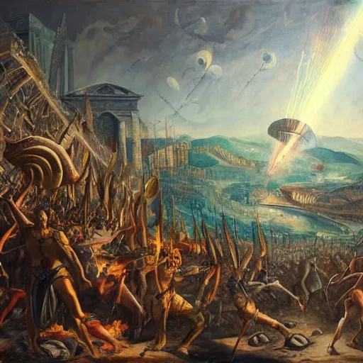 Image similar to alien invasion, fall of rome, epic painting