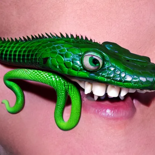 Image similar to long green reptile with snake head and snake eyes and fangs and with scales and snake tail