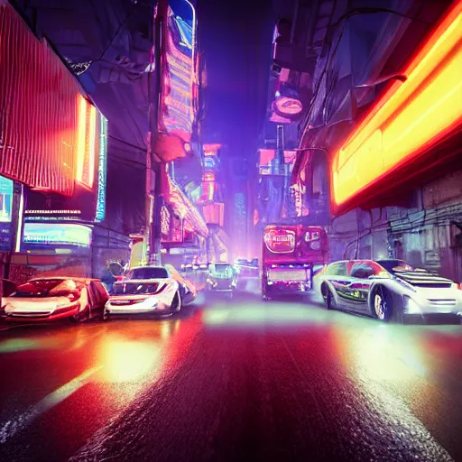 Image similar to a 3 d rendered in unreal engine guatemalan cyberpunk city with neon ads and signs with evocative dramatic mood with blade runner vibe with cars with motion blur with depth of field with bloom with lightshaft with volumetric lights, fog, by scott robertson, oscar winning graphics, photo realistic, bloom, imax, dynamic lighting, artstation,