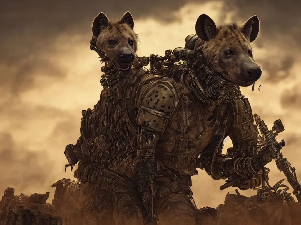 Image similar to a good ol'hyena fursona ( from the furry fandom ), heavily armed and armored facing down armageddon in a dark and gritty version from the makers of mad max : fury road. witness me.