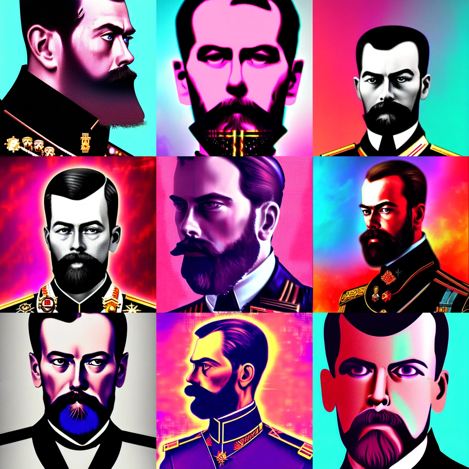 Prompt: Nicholas II of Russia, cyberpunk, synthwave, glitch, digital art, detailed, photo realistic