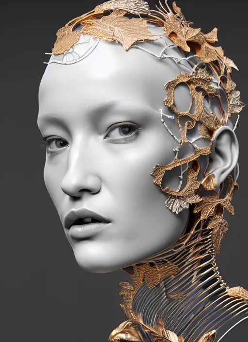 Image similar to complex 3d render ultra detailed of a beautiful porcelain profile woman face, mechanical cyborg, 150 mm, beautiful natural soft light, rim light, studio light, silver gold details, Alexander Mcqueen haute couture, magnolia big leaves and stems, roots, fine foliage lace, mesh wire, intricate details, hyperrealistic, mandelbrot fractal, anatomical, red lips, silver metal armor, facial muscles, cable wires, microchip, elegant, white background, octane render, H.R. Giger style, 8k