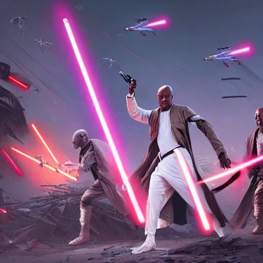 Prompt: mace windu holding a lightsaber fighting a group of pterodactyls in a destroyed cyberpunk city shooting lasers by greg rutkowski