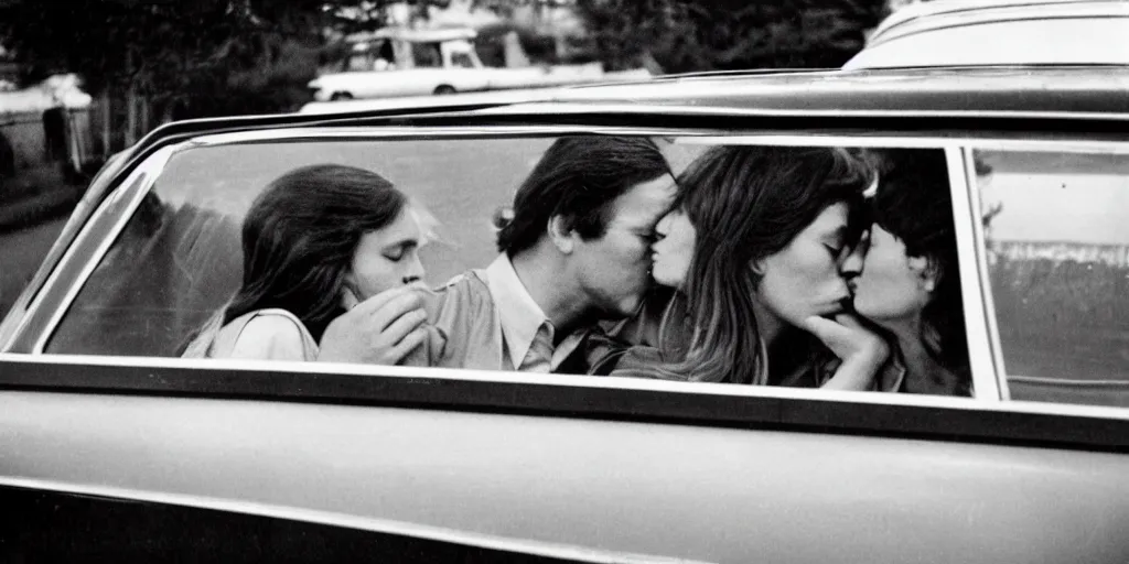 Image similar to 1 9 7 0 s car window closeup, couple kissing in the back seat, coloured film photography, elliott erwitt photography