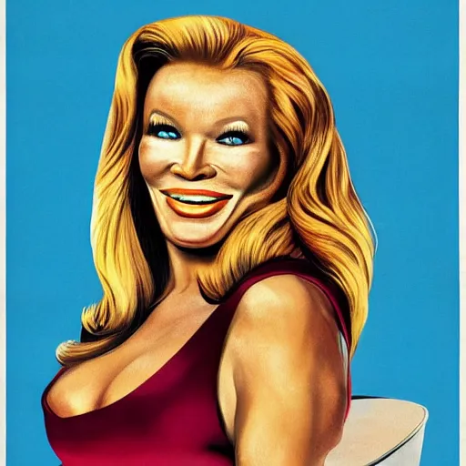 Image similar to handsome, jocelyn wildenstein, pop art poster, soviet propaganda poster, vivid colors, cartoon, long chin, big smile