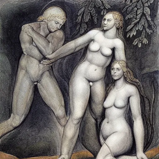 Image similar to adam and eve in the style of william blake