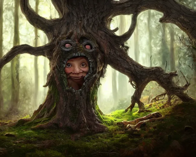 Image similar to a talking tree, a smiling face in the bark, nose made of wood, mouth in the bark, fantasy concept art, oil painting, hyperrealistic, highly detailed, artstation, cgsociety, in the forest